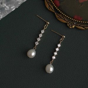 Elegant White Pearl Dangle Drop Earrings for Women,CZ Pearl Earrings